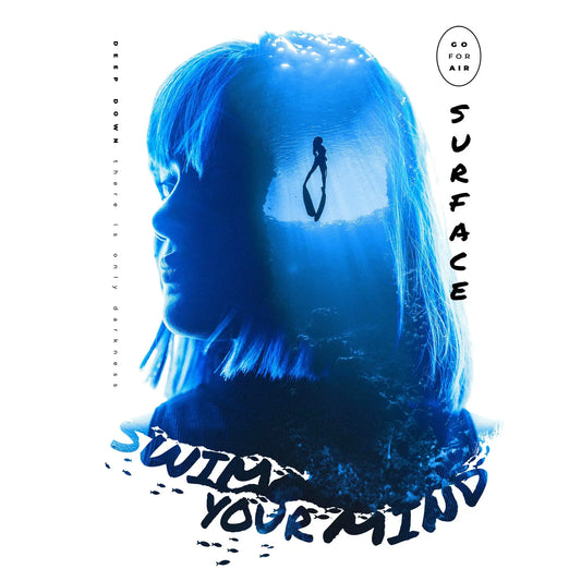 Artistic double exposure freediver and human silhouette with motivational ‘Surface – Swim Your Mind’ typography | Καλλιτεχνική διπλή έκθεση δύτριας και ανθρώπινης σιλουέτας με εμπνευσμένο τυπογραφικό ‘Surface – Swim Your Mind