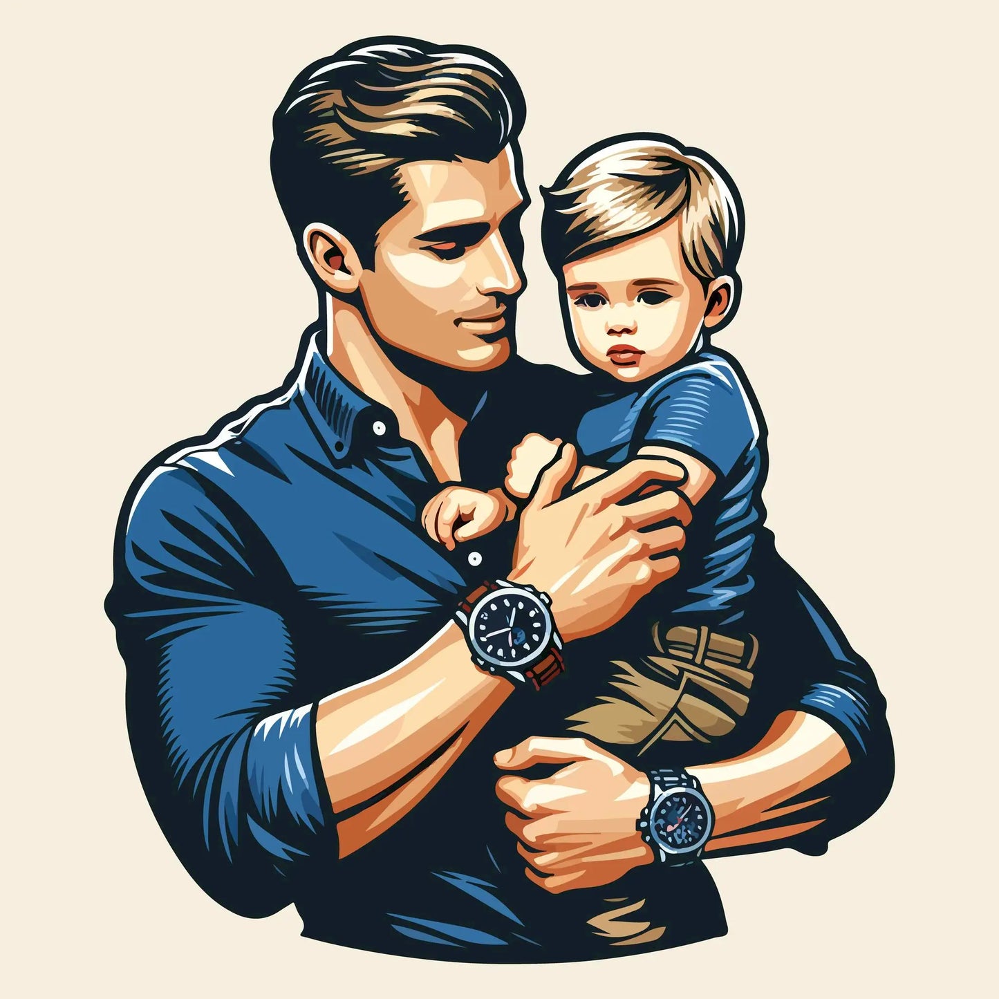 Artistic father holding son illustration with symbolic watch, representing timeless fatherhood love – Καλλιτεχνική απεικόνιση πατέρα που κρατά τον γιο, με συμβολικό ρολόι που εκφράζει αιώνια πατρική αγάπη