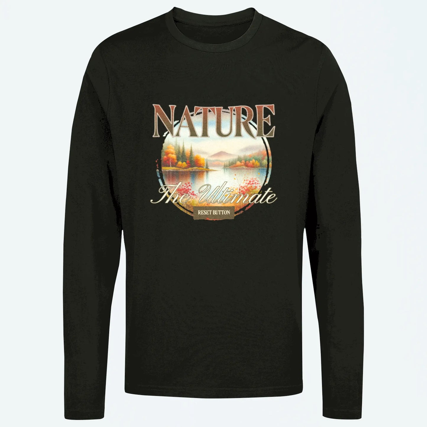 Artistic mountain and lake design on a black long sleeve t-shirt – Καλλιτεχνικό σχέδιο με βουνό και λίμνη σε μαύρο μακρυμάνικο t-shirt.