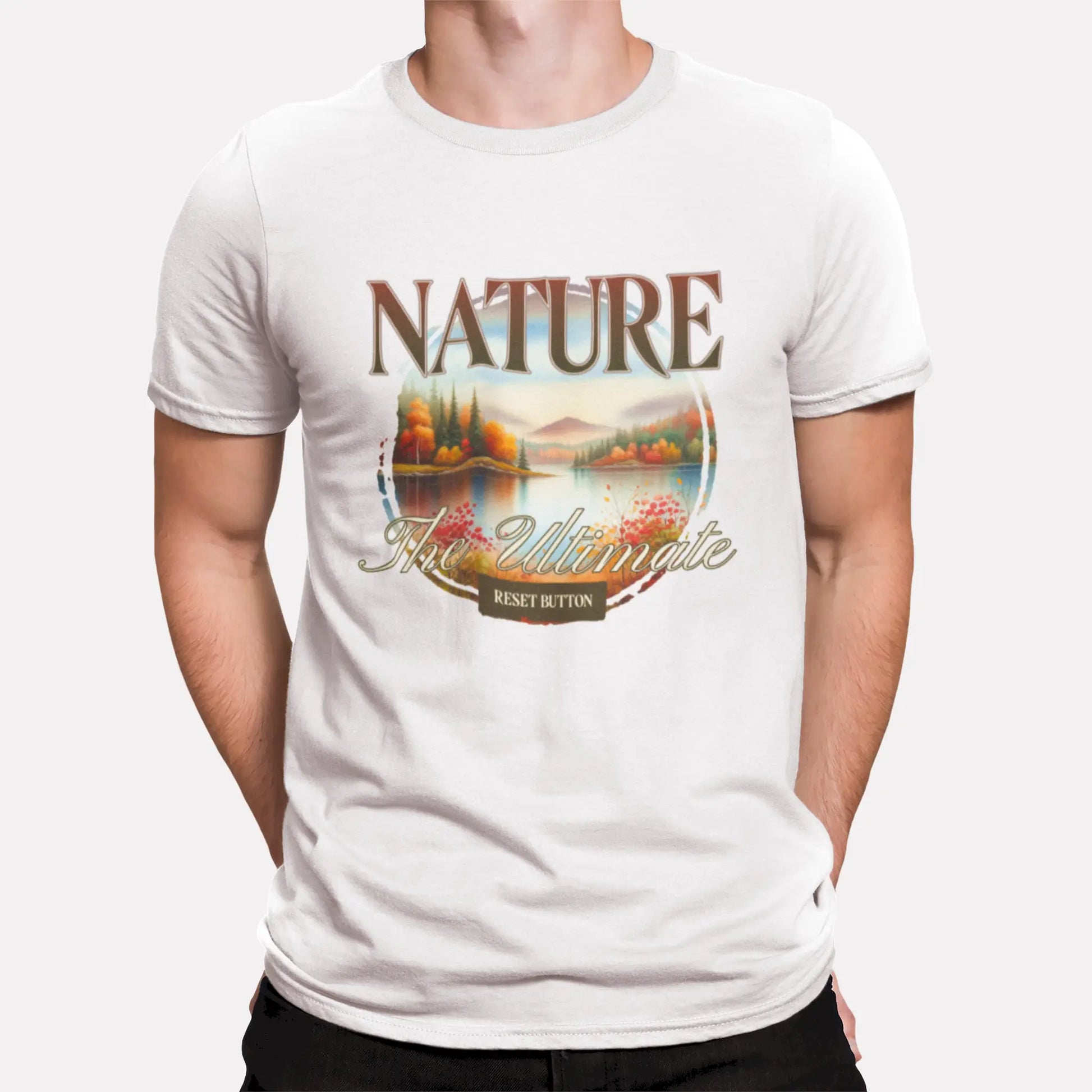 Artistic mountain and lake design on a white t-shirt – Καλλιτεχνικό σχέδιο με βουνό και λίμνη σε λευκό t-shirt