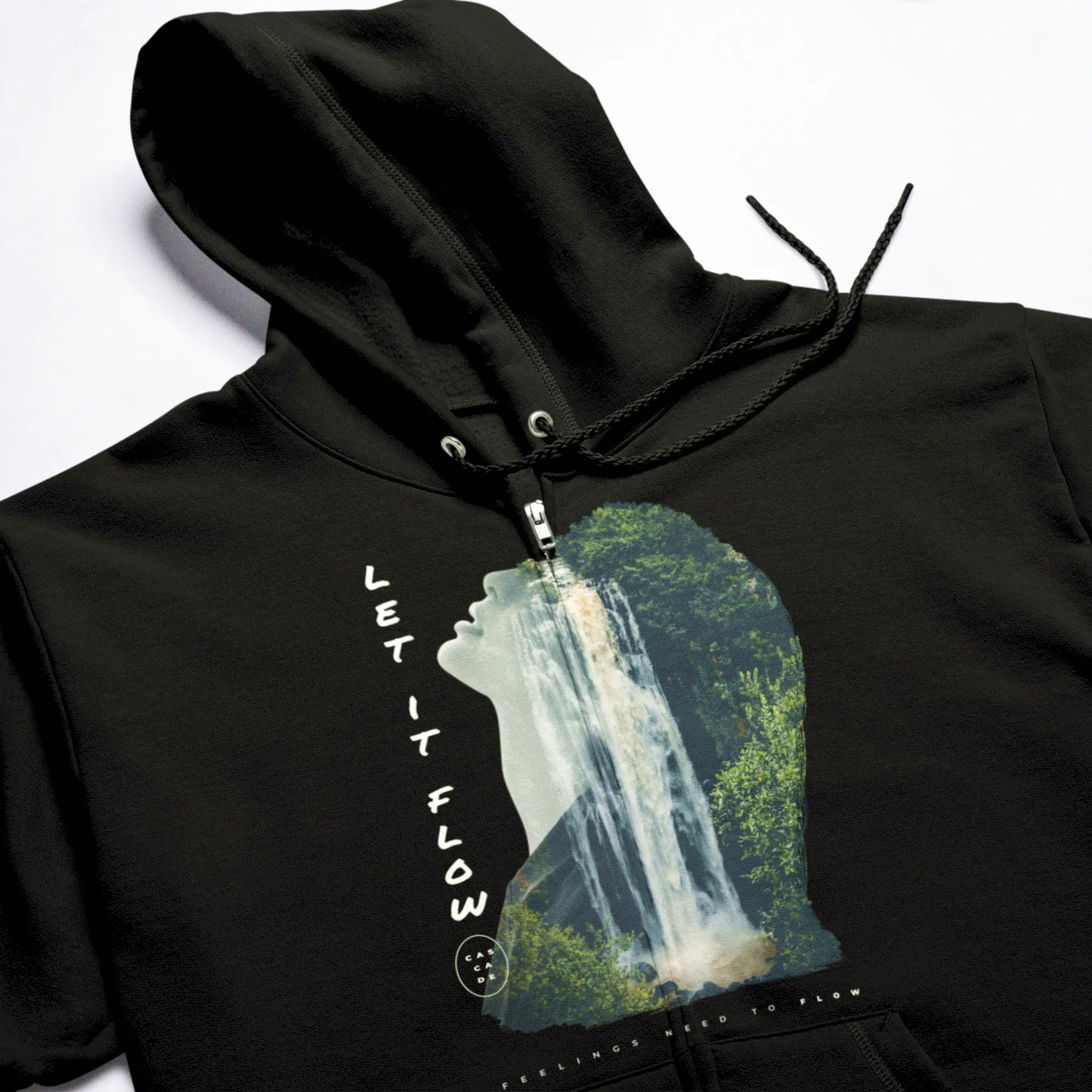 Artistic waterfall silhouette on black zip hoodie – Καλλιτεχνική σιλουέτα καταρράκτη σε μαύρη ζακέτα κουκούλα