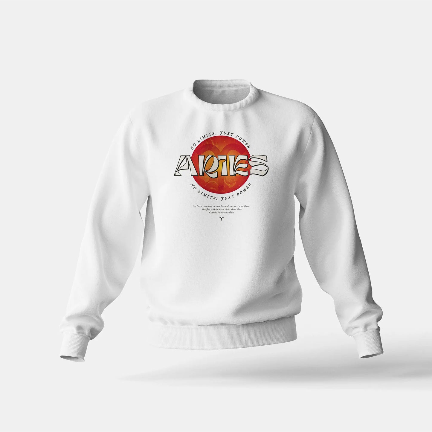 Astrology Aries white crewneck with flame vibes – Λευκό φούτερ Κριός με φλογερή αύρα