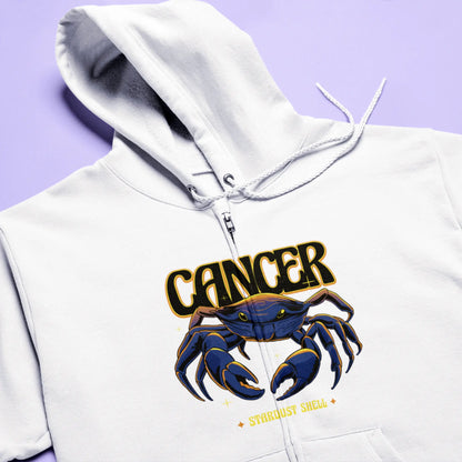 Astrology Cancer white zip hoodie with cosmic crab art | Λευκή ζακέτα Καρκίνος με κοσμικό σχέδιο καβουριού