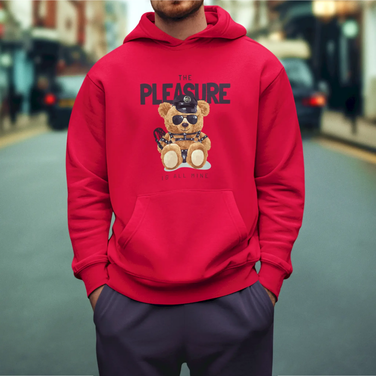 BDSM teddy bear with police hat printed on red hoodie – Αρκουδάκι BDSM με police καπέλο σε κόκκινη μπλούζα με κουκούλα.