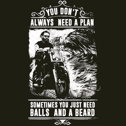Balls and beard vintage design featuring bearded biker with motorcycle and courage philosophy text - Vintage design με γενειοφόρο biker, μοτοσικλέτα και φιλοσοφία θάρρους για masculine rebel