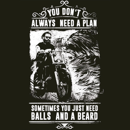 Balls and beard vintage design featuring bearded biker with motorcycle and courage philosophy text - Vintage design με γενειοφόρο biker, μοτοσικλέτα και φιλοσοφία θάρρους για masculine rebel