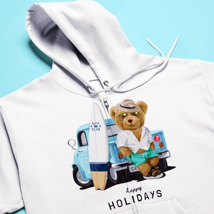 Beach club teddy design on white zip hoodie – Σχέδιο με beach club αρκουδάκι σε λευκή ζακέτα με φερμουάρ.