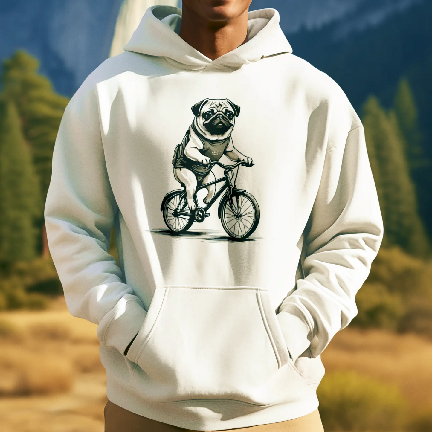 Bike-riding pug cartoon on soft white hoodie | Pug σε ποδήλατο σε μαλακή λευκή κουκούλα