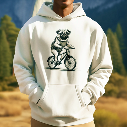 Bike-riding pug cartoon on soft white hoodie | Pug σε ποδήλατο σε μαλακή λευκή κουκούλα