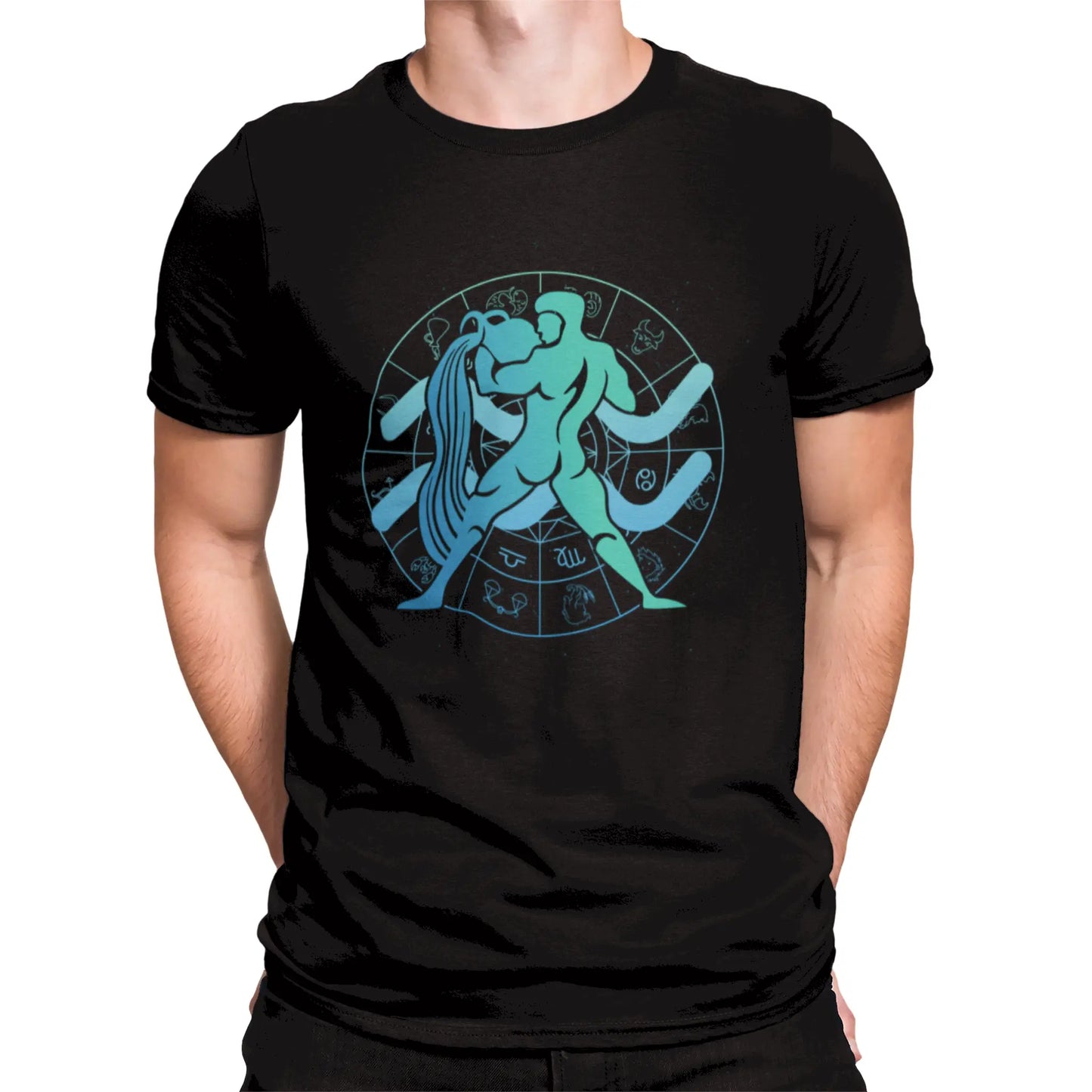 Black Aquarius shirt with astrology-inspired water flow – Μαύρο t-shirt με Υδροχόο που ρέει νερό, ιδανικό για αστρολογική ενέργεια.