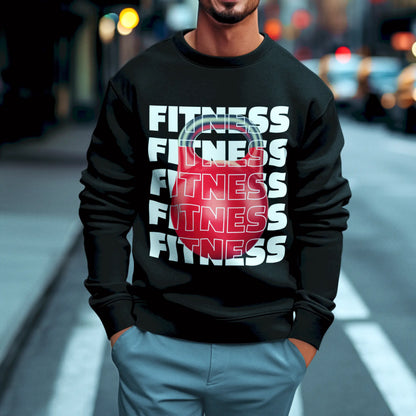 Black Crewneck sweatshirt mockup with bold FITNESS design and red kettlebell icon – Μαύρη μπλούζα φούτερ με έντονο σχέδιο FITNESS και κόκκινη kettlebell
