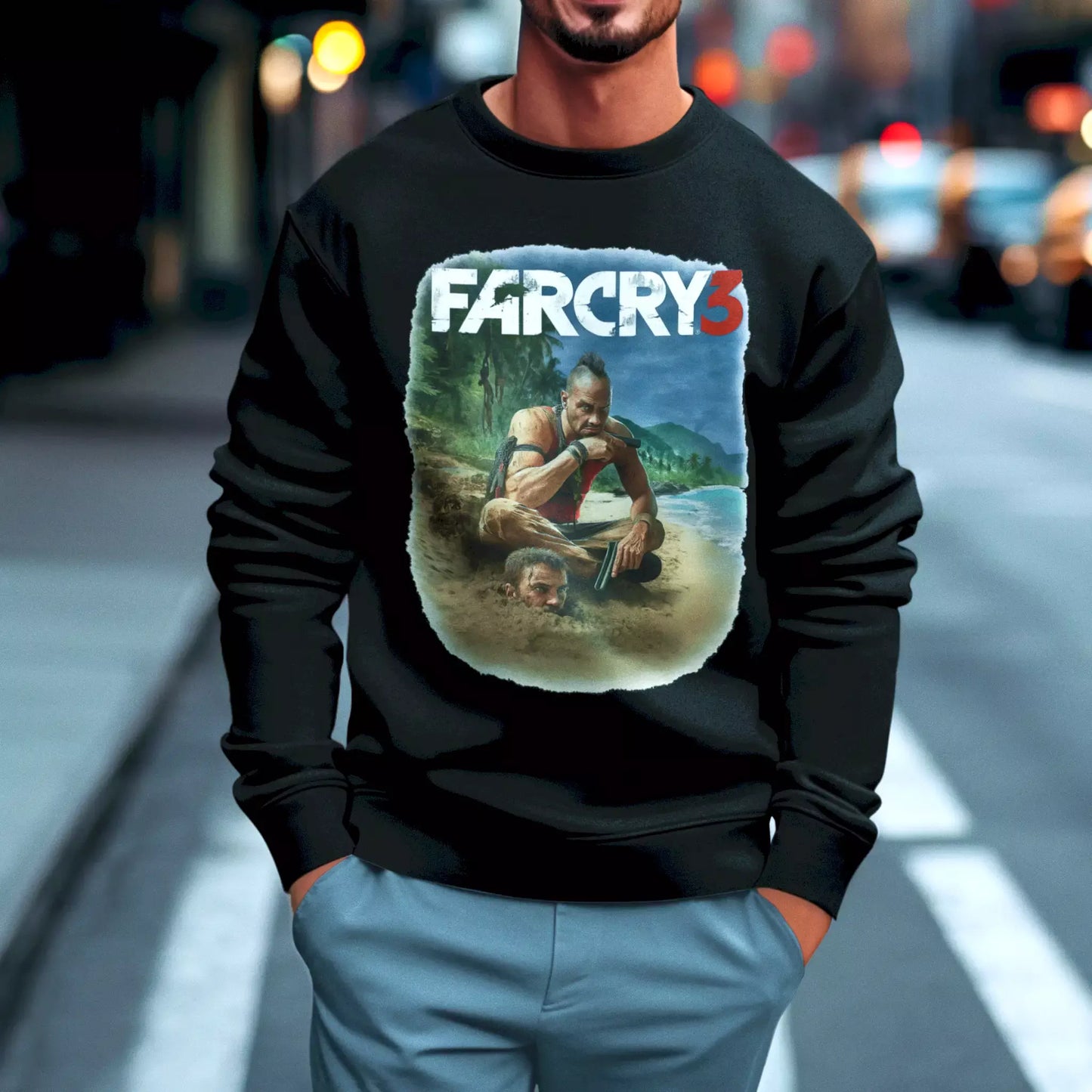 Black Far Cry 3 crewneck sweatshirt with fade scene design and subtle gamer aesthetic – Μαύρο φούτερ Far Cry 3 με fade σκηνή και διακριτική gamer αισθητική