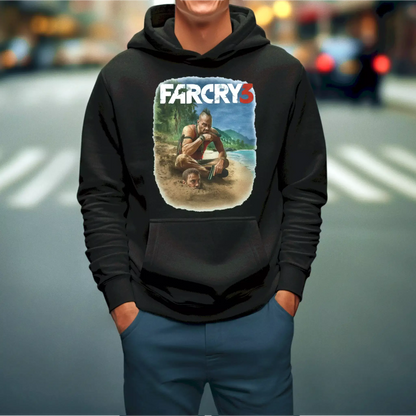 Black Far Cry 3 hoodie with deep print and intense fade edges for dramatic effect – Μαύρο hoodie Far Cry 3 με βαθύ print και έντονες fade άκρες για δραματικό αποτέλεσμα