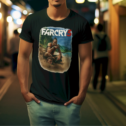 Black Far Cry 3 t-shirt with iconic Vaas scene and minimalist edge design for dark gamer vibes – Μαύρο μπλουζάκι Far Cry 3 με σκηνή του Vaas και μινιμαλιστικό περίγραμμα για σκοτεινά gamer vibes