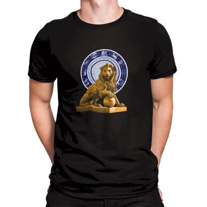 Black Leo t-shirt with golden lion and astrology circle – Μαύρη μπλούζα Λέων με χρυσό λιοντάρι και αστρολογικό κύκλο