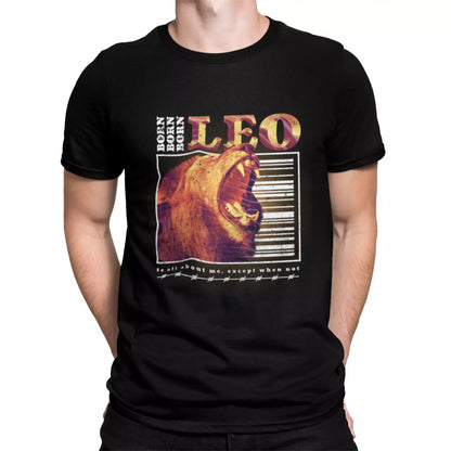 Black Leo zodiac t-shirt with bold "BORN" text and lion symbolism for royal personalities - Μαύρο μπλουζάκι ζώδιο λέοντα με τολμηρό κείμενο "BORN" και συμβολισμό λιονταριού για βασιλικές προσωπικότητες