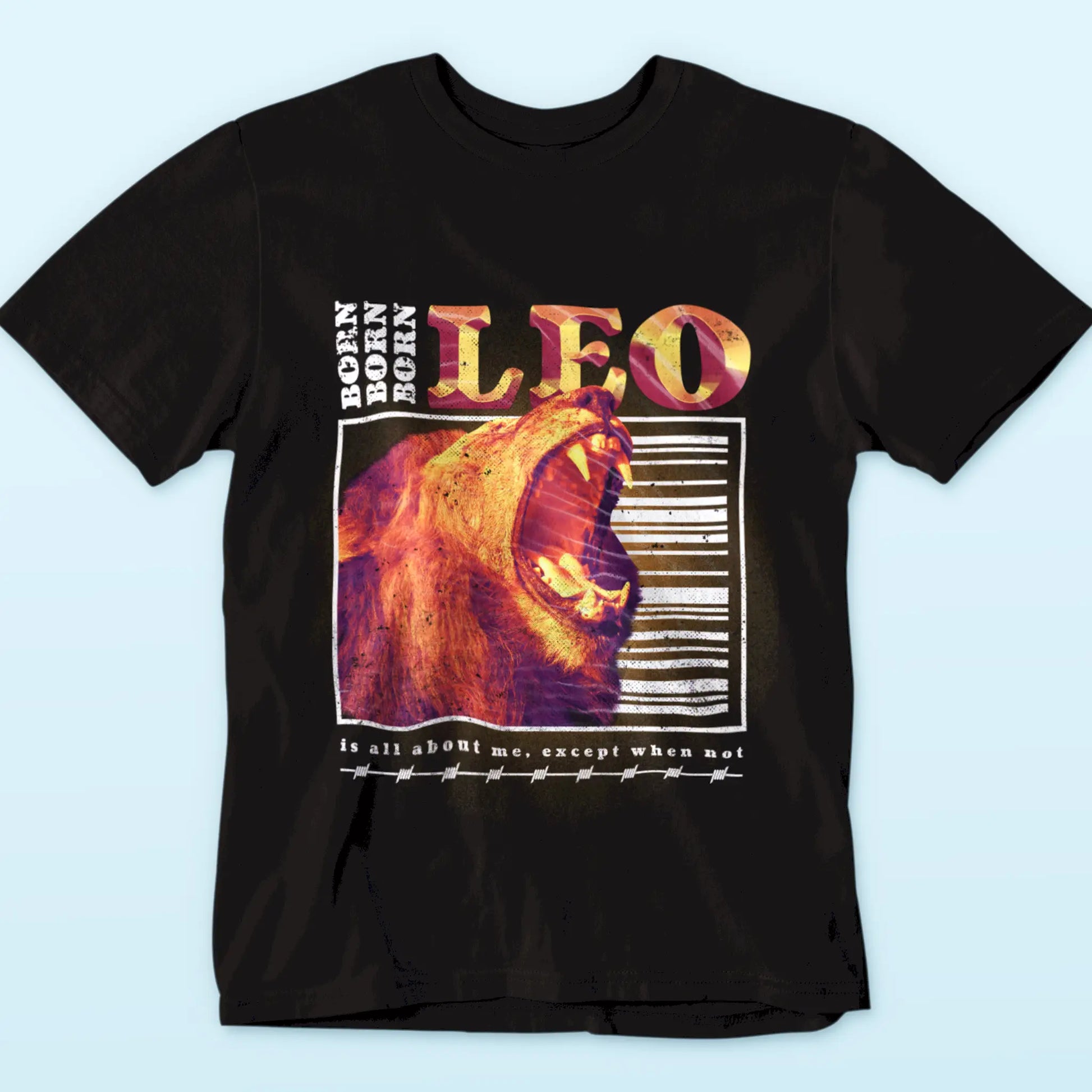 Black Leo zodiac t-shirt with striking BORN text and leo constellation elements - Μαύρο μπλουζάκι ζώδιο λέοντα με εντυπωσιακό κείμενο BORN και στοιχεία αστερισμού λέοντα