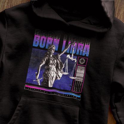 Black Libra zodiac hoodie with protective hood and repetitive balance message for harmonious individuals / Μαύρο hoodie ζώδιο Ζυγός με προστατευτική κουκούλα και επαναλαμβανόμενο μήνυμα ισορροπίας για αρμονικά άτομα