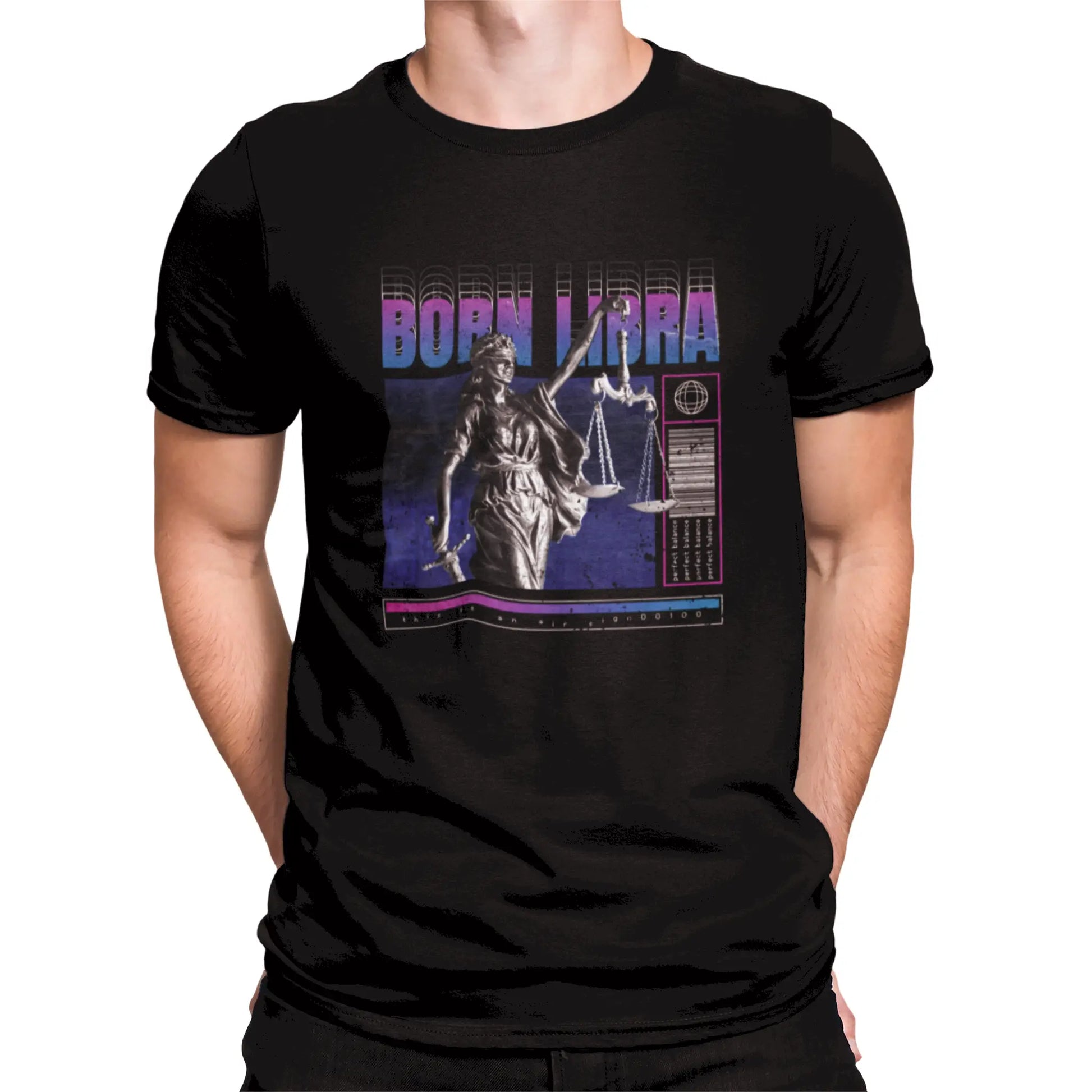 Black Libra zodiac t-shirt with elegant repetitive "perfect balance" typography in trap style / Μαύρο μπλουζάκι Ζυγός με κομψή επαναλαμβανόμενη τυπογραφία "perfect balance" σε trap στυλ