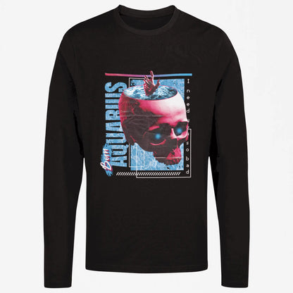 Black Long sleeve Aquarius shirt with trap music inspired design for modern zodiac enthusiasts / Μαύρο Μακρυμάνικο Υδροχόος με σχέδιο εμπνευσμένο από trap μουσική για μοντέρνους ζωδιακούς λάτρεις