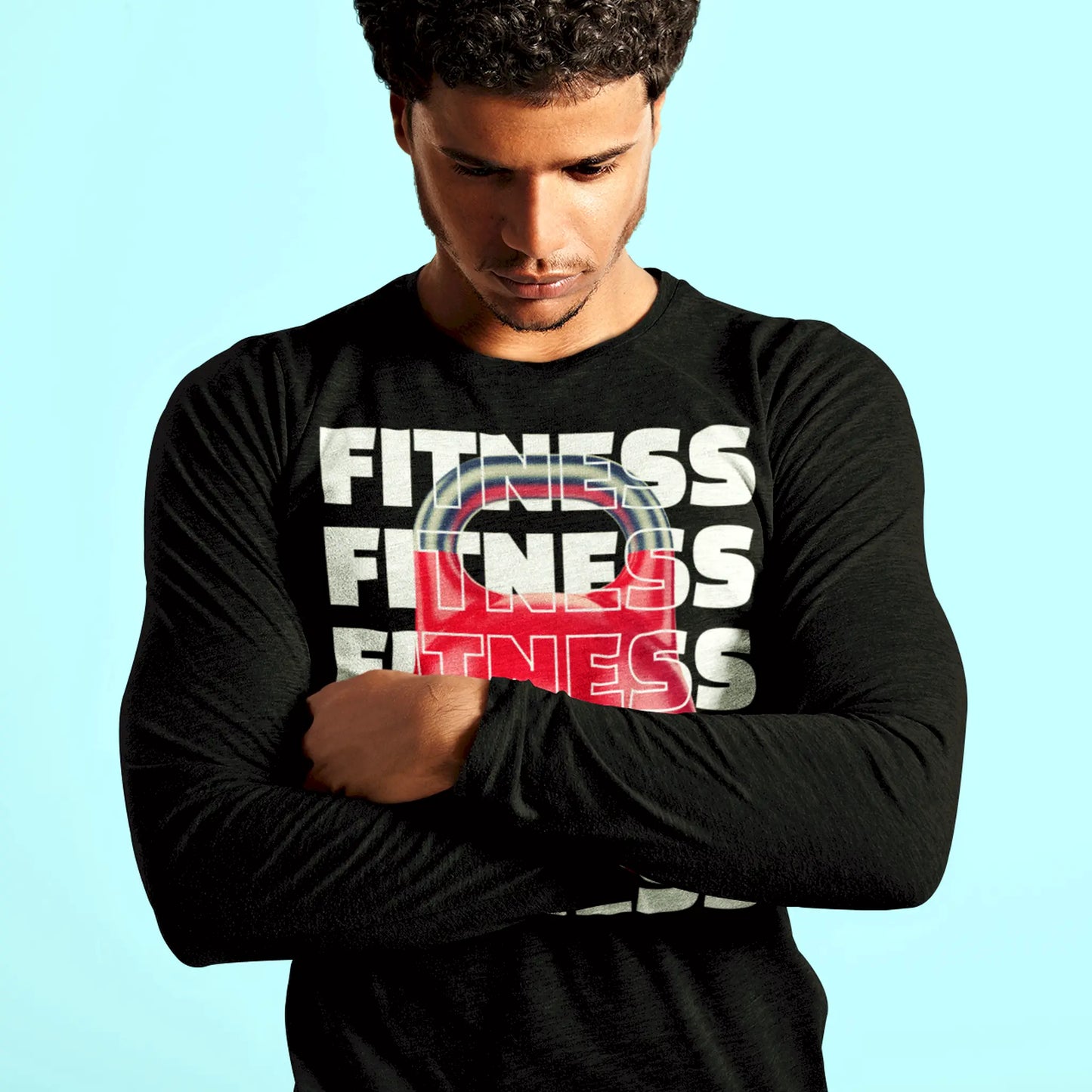 Black Long sleeve t-shirt mockup featuring bold red kettlebell FITNESS design – Μακρυμάνικης μπλούζα με έντονο κόκκινο σχέδιο kettlebell FITNESS