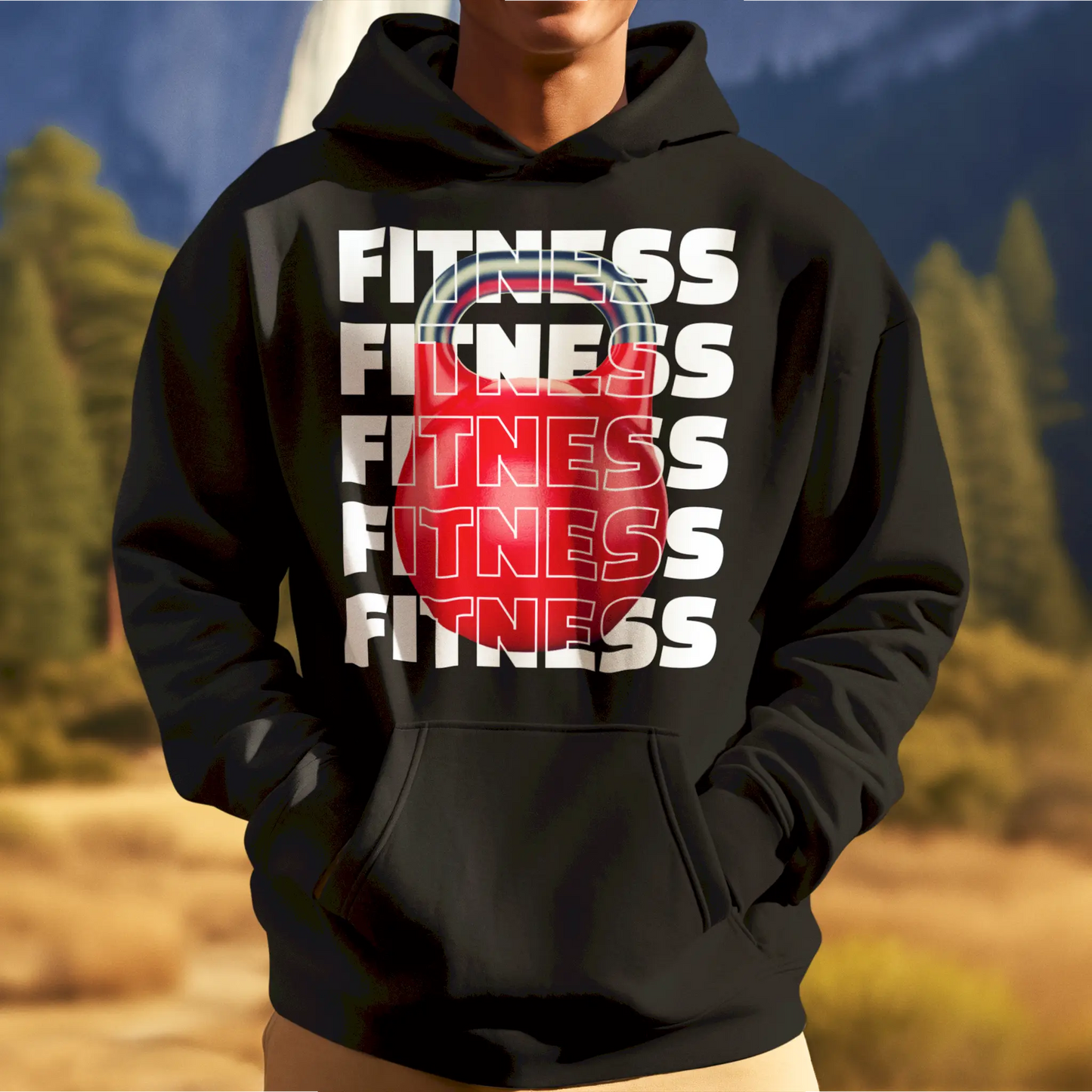 Black Pullover hoodie mockup featuring red kettlebell FITNESS print – Μαύρη μπλούζα φούτερ με κουκούλα με εκτύπωση κόκκινης kettlebell και τη λέξη FITNESS