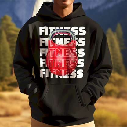 Black Pullover hoodie mockup featuring red kettlebell FITNESS print – Μαύρη μπλούζα φούτερ με κουκούλα με εκτύπωση κόκκινης kettlebell και τη λέξη FITNESS