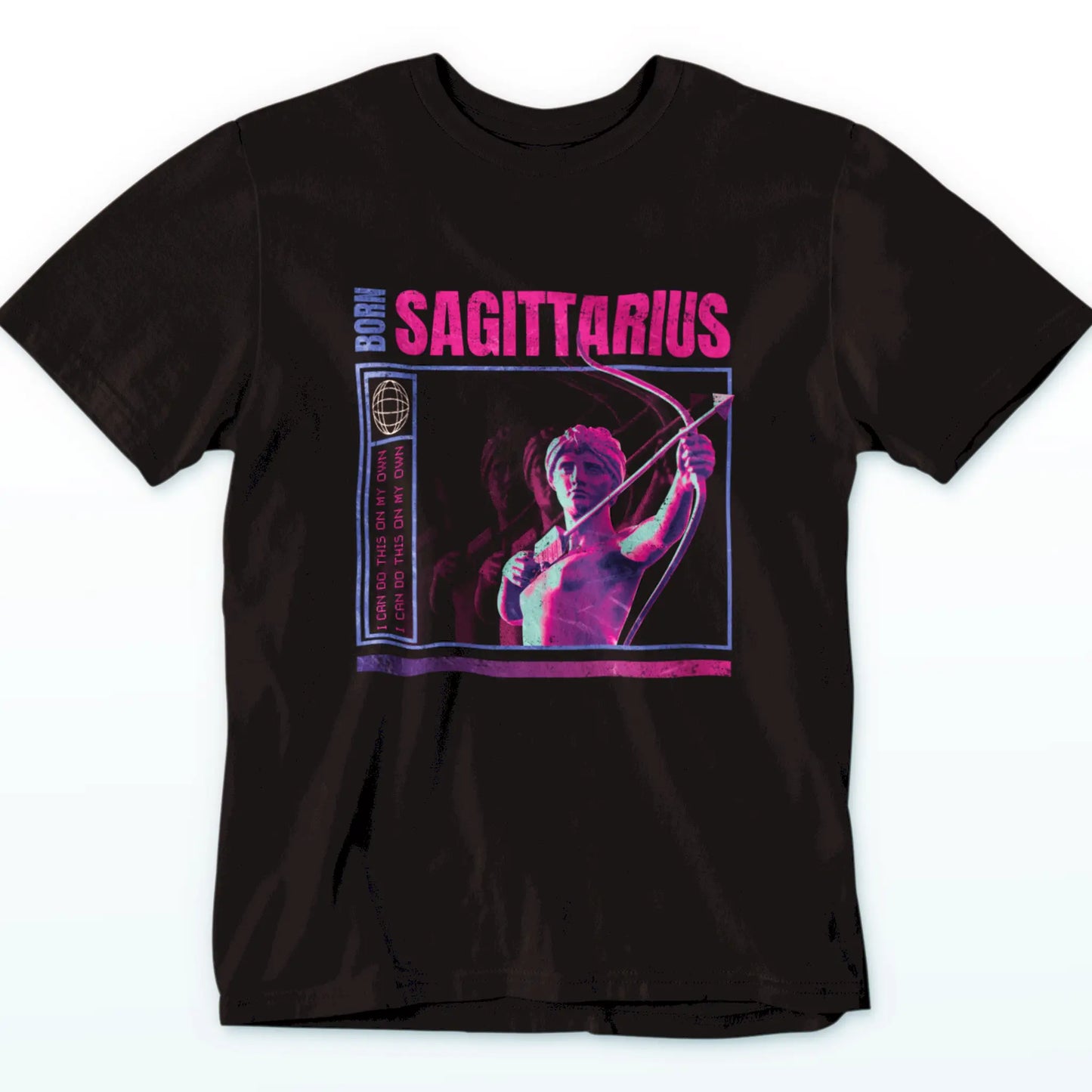 Black Sagittarius zodiac t-shirt with bold "BORN SAGITTARIUS" typography in clean trap style / Μαύρο μπλουζάκι Τοξότη με έντονη τυπογραφία "BORN SAGITTARIUS" σε καθαρό trap στυλ
