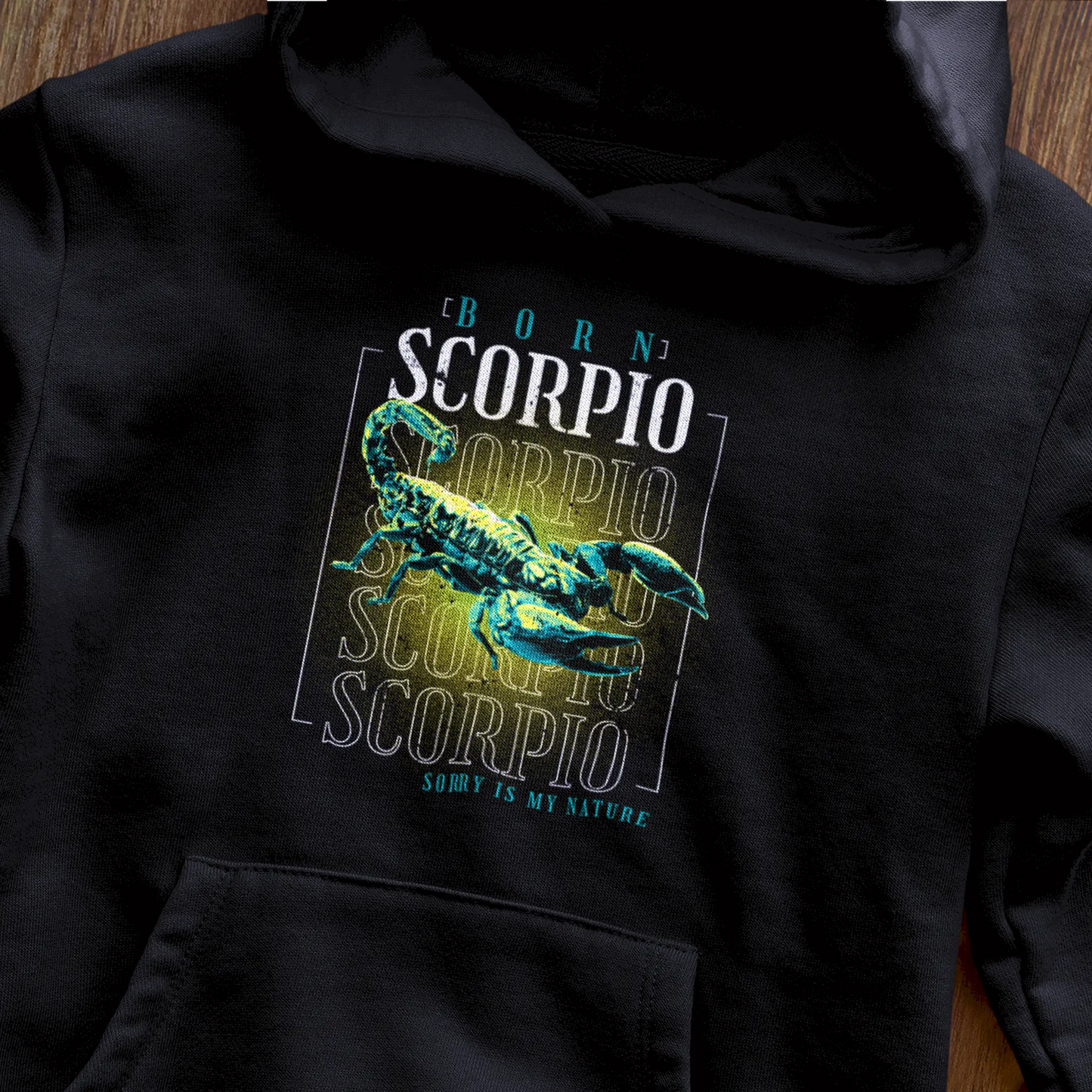 Black Scorpio zodiac hoodie with protective hood and repetitive intense message for mysterious individuals / Μαύρο hoodie ζώδιο Σκορπιός με προστατευτική κουκούλα και επαναλαμβανόμενο έντονο μήνυμα για μυστηριώδη άτομα