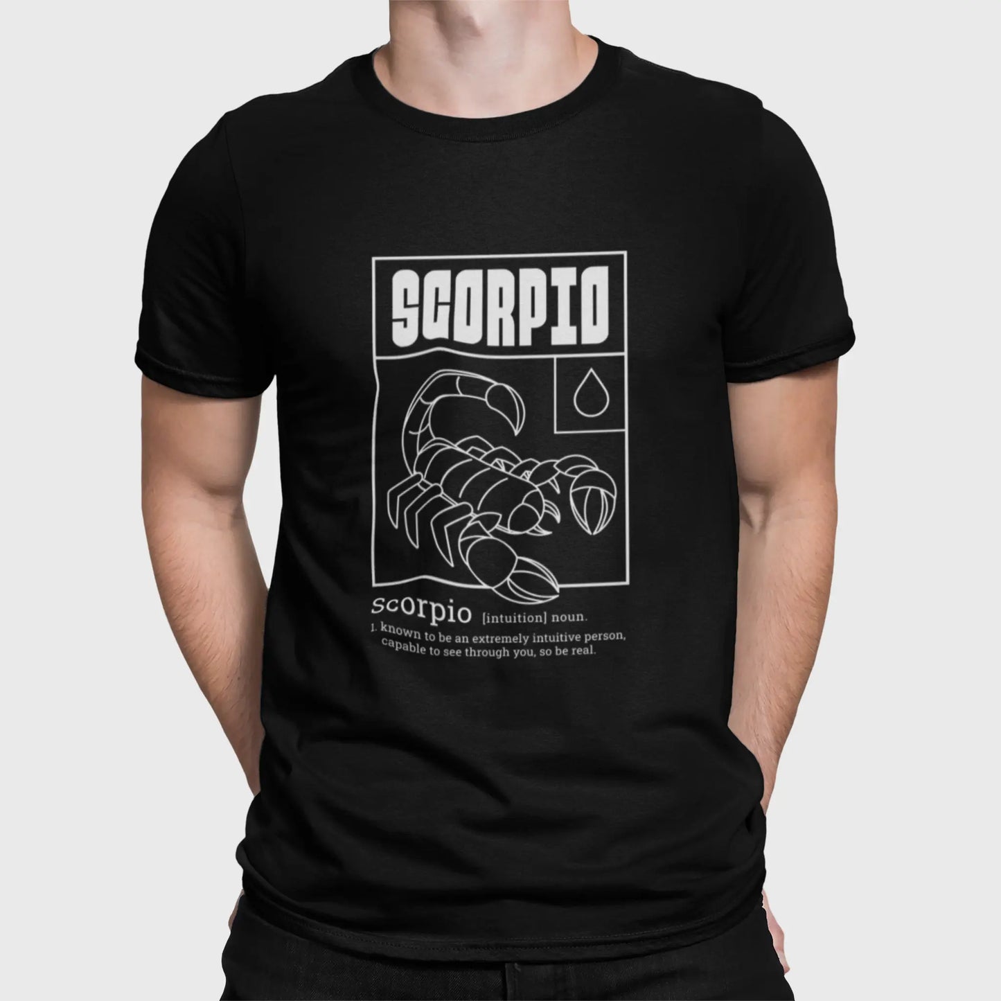 Black Scorpio zodiac t-shirt with "SCOOPIO" design and intuition definition text - Μαύρο μπλουζάκι ζώδιο σκορπιού με σχέδιο "SCOOPIO" και κείμενο ορισμού διορατικότητας