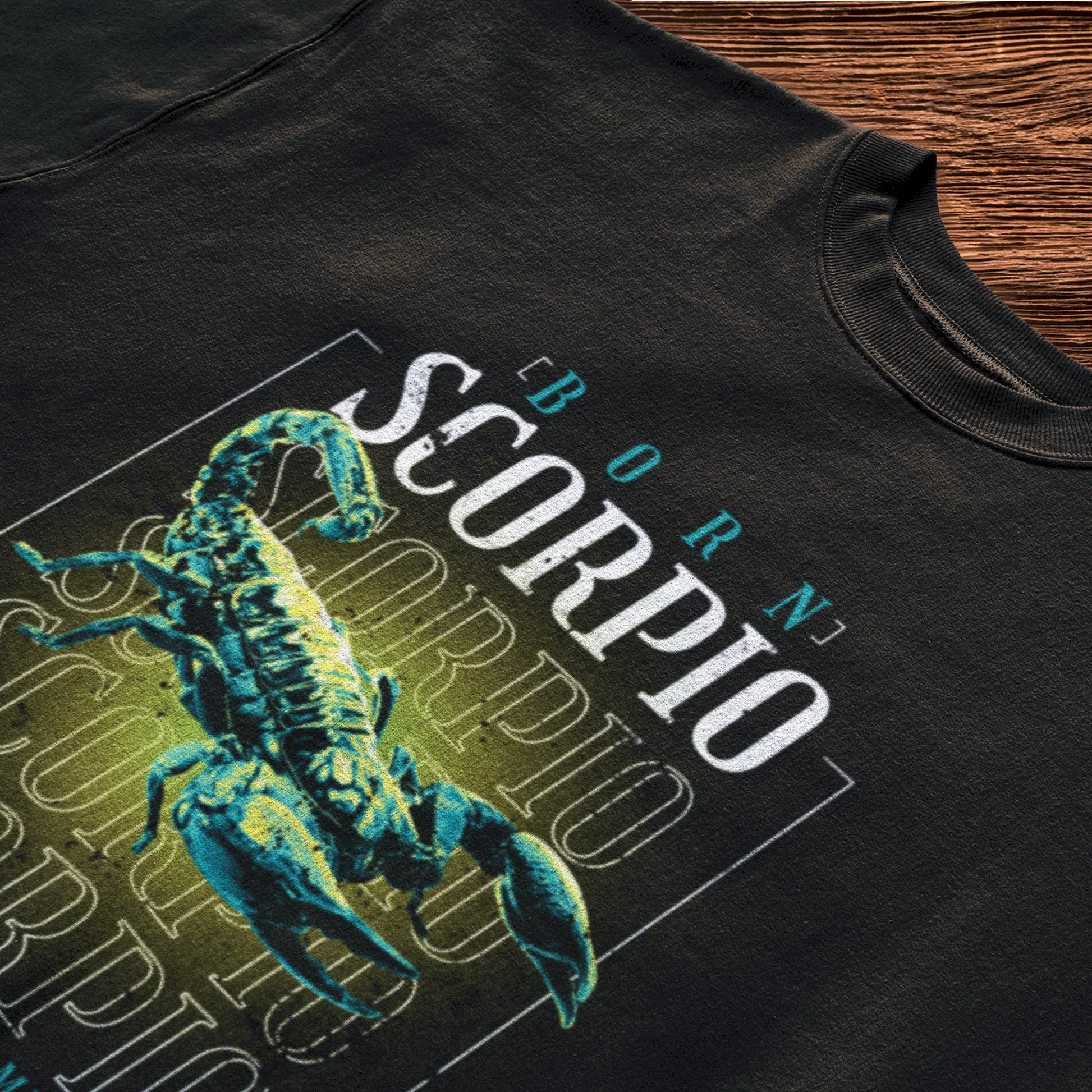Black Scorpio zodiac t-shirt with intense repetitive "SCORPIO" typography and honest "SORRY IS MY NATURE" message / Μαύρο μπλουζάκι Σκορπιός με έντονη επαναλαμβανόμενη τυπογραφία "SCORPIO" και ειλικρινές μήνυμα "SORRY IS MY NATURE"
