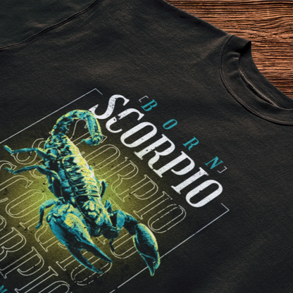Black Scorpio zodiac t-shirt with intense repetitive "SCORPIO" typography and honest "SORRY IS MY NATURE" message / Μαύρο μπλουζάκι Σκορπιός με έντονη επαναλαμβανόμενη τυπογραφία "SCORPIO" και ειλικρινές μήνυμα "SORRY IS MY NATURE"