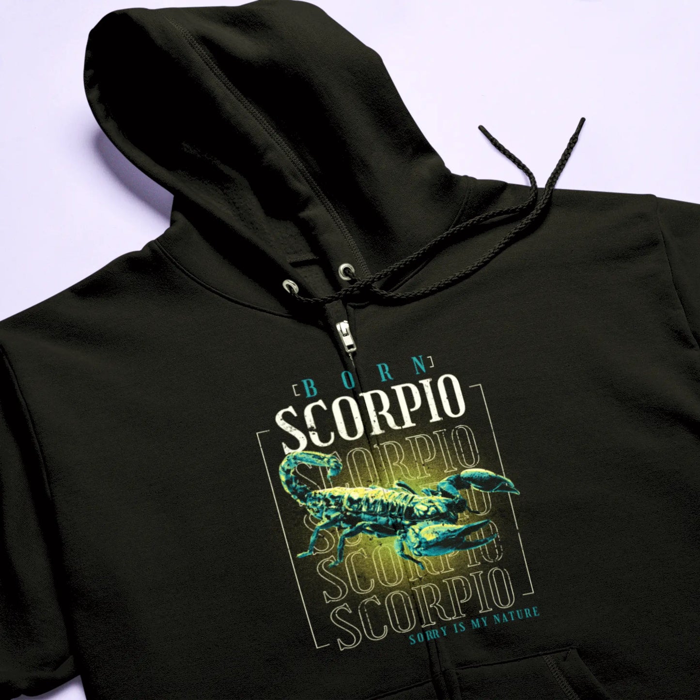 Black Scorpio zodiac zip hoodie with functional zipper and repetitive intense message for passionate souls / Μαύρη ζακέτα ζώδιο Σκορπιός με λειτουργικό φερμουάρ και επαναλαμβανόμενο έντονο μήνυμα για παθιασμένες ψυχές