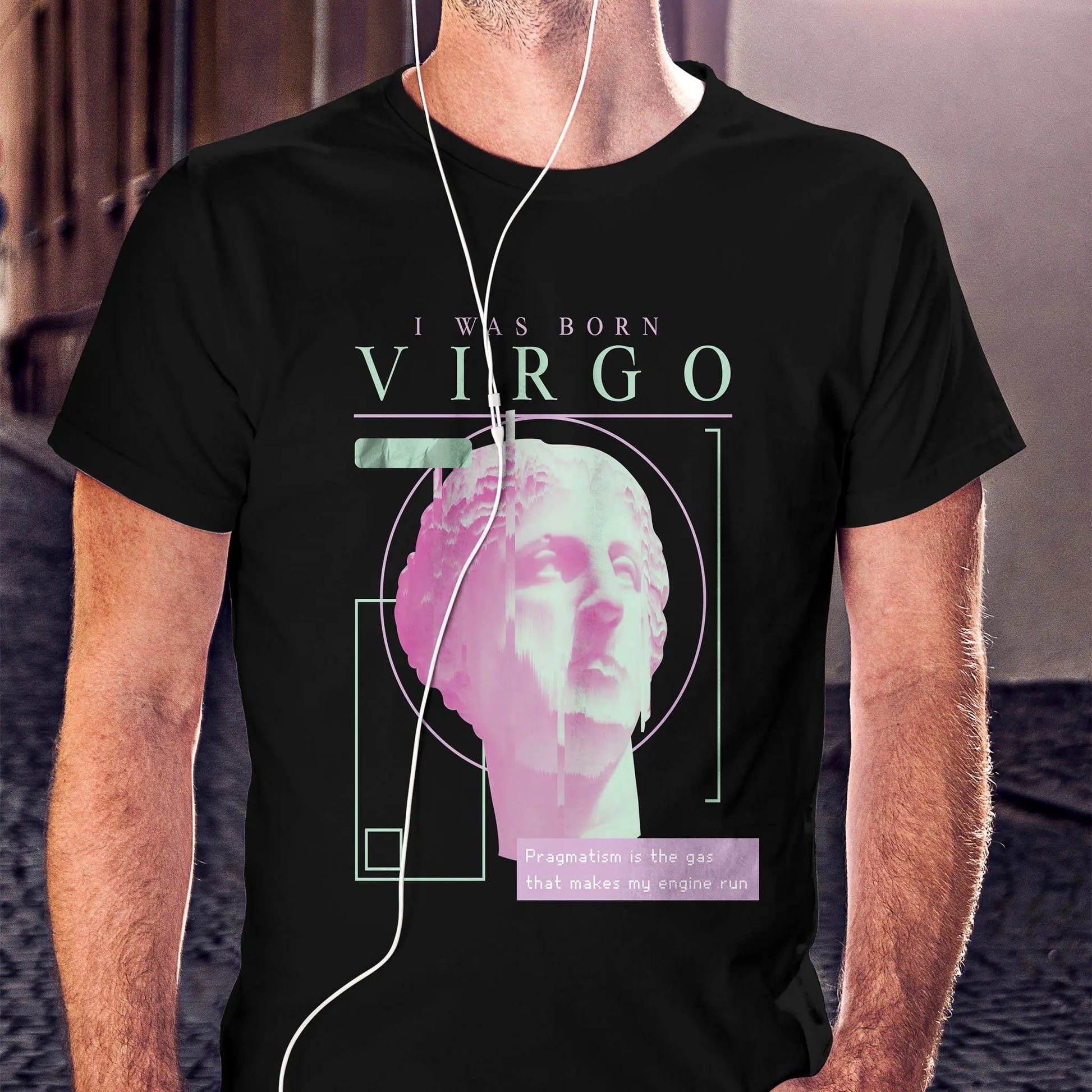 Black Virgo zodiac t-shirt with analytical "Pragmatism is the gas that makes my engine run" message in structured design / Μαύρο μπλουζάκι Παρθένος με αναλυτικό μήνυμα "Pragmatism is the gas that makes my engine run" σε δομημένο σχέδιο