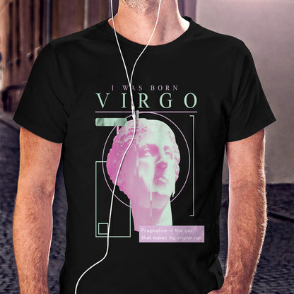 Black Virgo zodiac t-shirt with analytical "Pragmatism is the gas that makes my engine run" message in structured design / Μαύρο μπλουζάκι Παρθένος με αναλυτικό μήνυμα "Pragmatism is the gas that makes my engine run" σε δομημένο σχέδιο