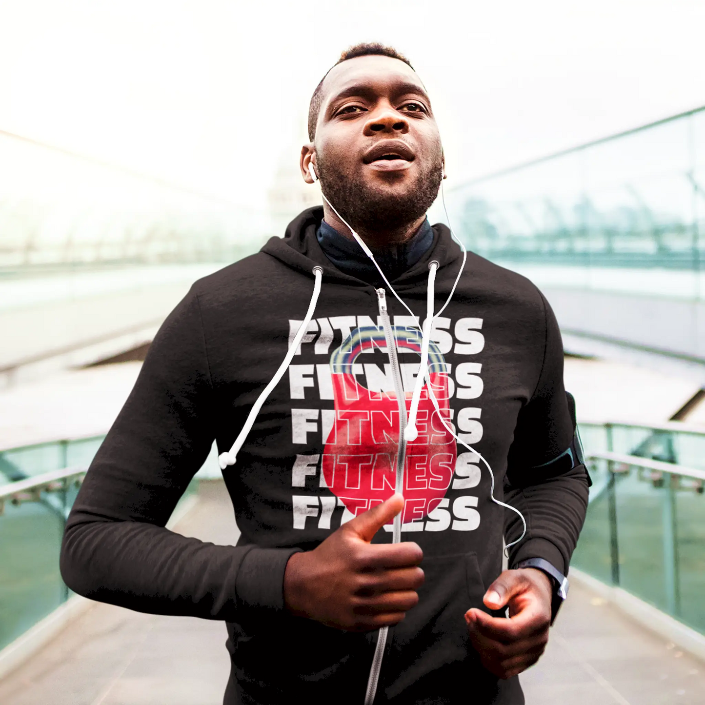 Black Zip hoodie mockup with striking FITNESS design and red kettlebell graphic – Μαύρη φούτερ ζακέτα με φερμουάρ και κουκούλα που δείχνει εντυπωσιακό σχέδιο FITNESS και κόκκινη kettlebell