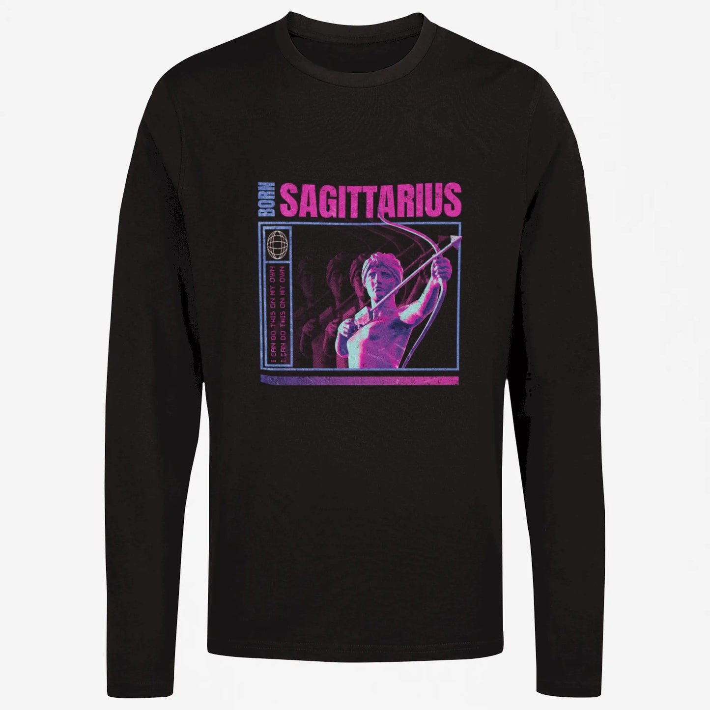Black adventurous Sagittarius wear with long sleeves and direct message about born explorer spirit / Μαύρο περιπετειώδες ρούχο Τοξότη με μακριά μανίκια και άμεσο μήνυμα για έμφυτο πνεύμα εξερευνητή