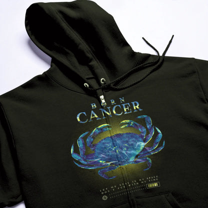 Black cancer zodiac zip hoodie with protective hood and emotional message about personal space and time boundaries / Μαύρη ζακέτα με φερμουάρ και ζώδιο Καρκίνος με προστατευτική κουκούλα και συναισθηματικό μήνυμα για προσωπικό χώρο και όρια χρόνου