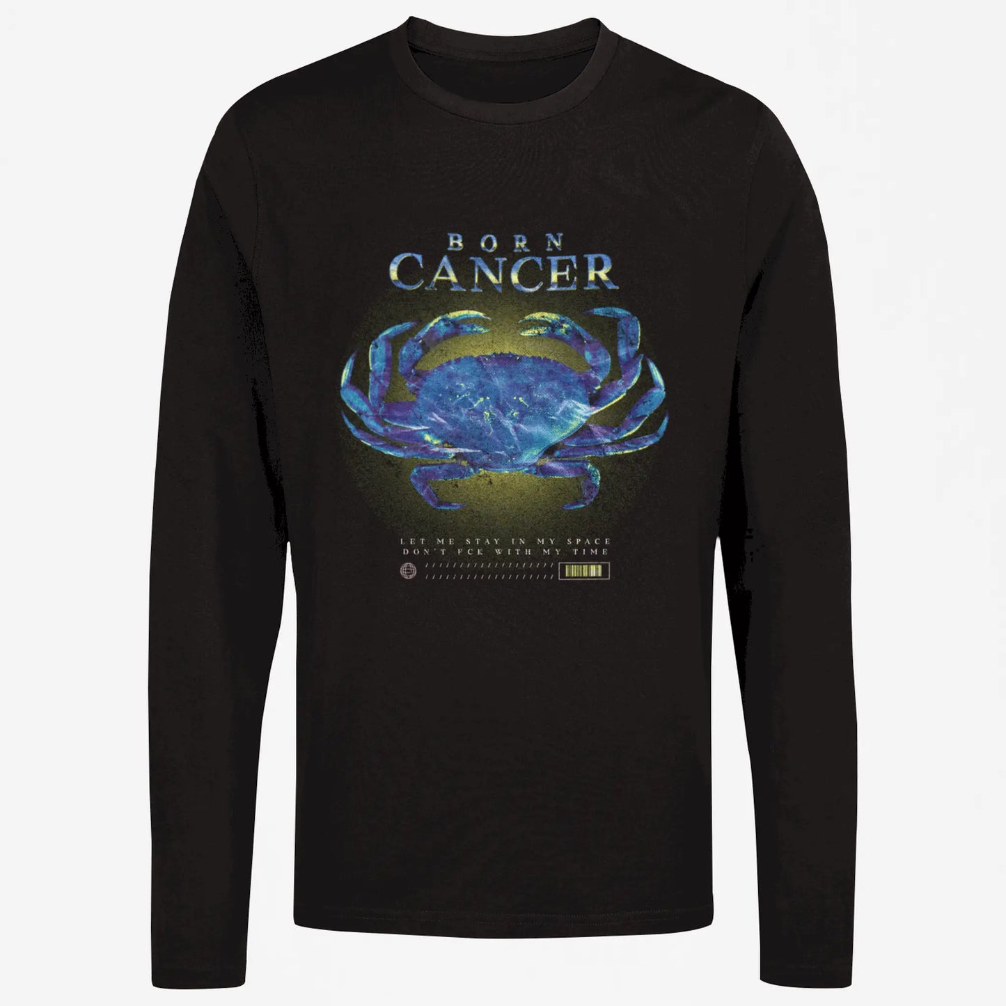 Black cancer zodiac long sleeve featuring comforting fit and powerful text about personal space boundaries / Σκούρο μαύρο μακρυμάνικο ζώδιο Καρκίνος με άνετο fit και δυνατό κείμενο για όρια προσωπικού χώρου