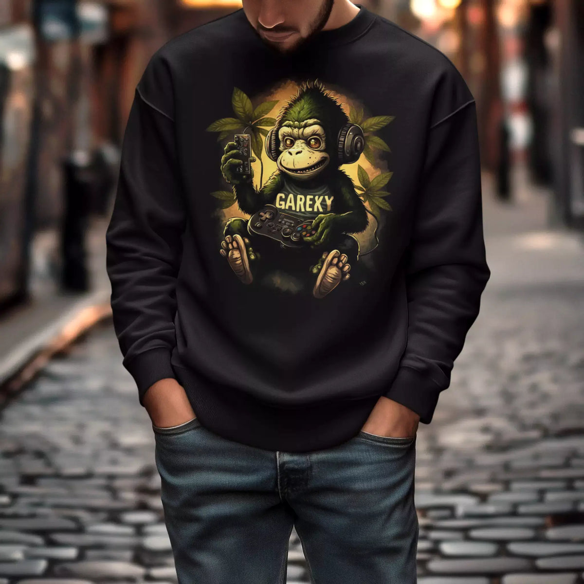 Black casual sweater displaying the stylish retro gamer ape design with headphones. — Μαύρο καθημερινό φούτερ που εμφανίζει το στυλάτο ρετρό σχέδιο πιθήκου gamer με ακουστικά