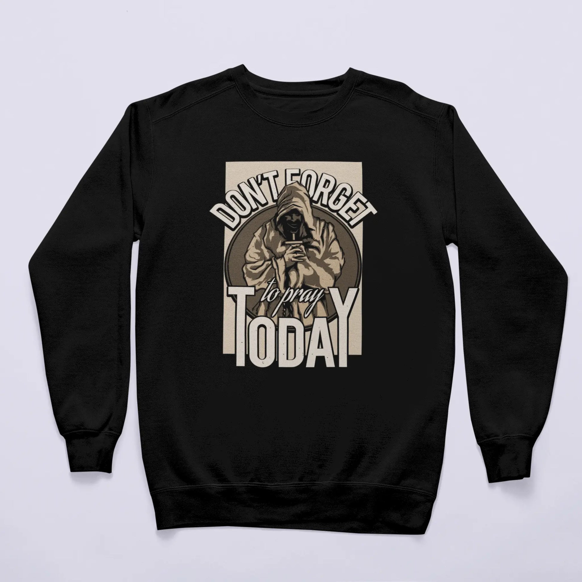 Black casual sweater displaying the stylish woodcut-style hooded monk artwork. — Μαύρο καθημερινό φούτερ που εμφανίζει το στυλάτο έργο τέχνης με τον μοναχό σε στυλ ξυλογραφίας