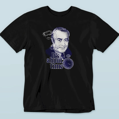 Black casual t-shirt featuring a retro sketch of a smiling man and a pocket watch. — Μαύρο καθημερινό t-shirt με ρετρό σχέδιο ενός άνδρα που χαμογελά και ενός ρολογιού τσέπης