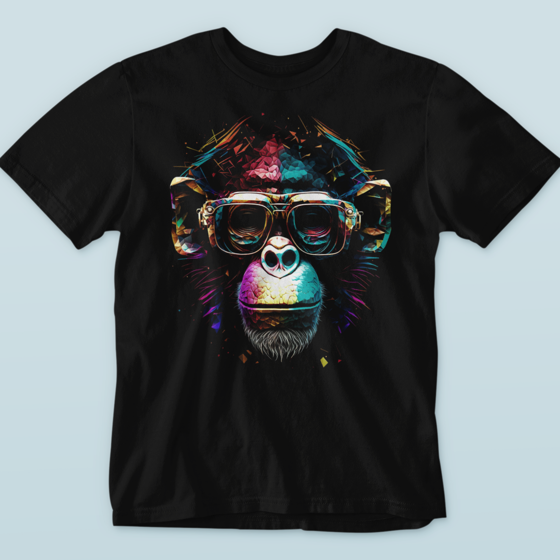 Black casual t-shirt with a bold halftone gorilla face print on the front. — Μαύρο καθημερινό t-shirt με έντονο τύπωμα προσώπου γορίλα σε στυλ halftone στο μπροστινό μέρος