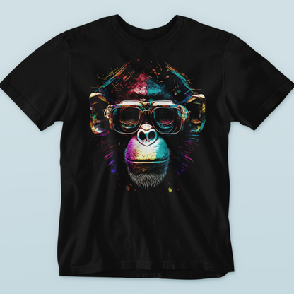 Black casual t-shirt with a bold halftone gorilla face print on the front. — Μαύρο καθημερινό t-shirt με έντονο τύπωμα προσώπου γορίλα σε στυλ halftone στο μπροστινό μέρος