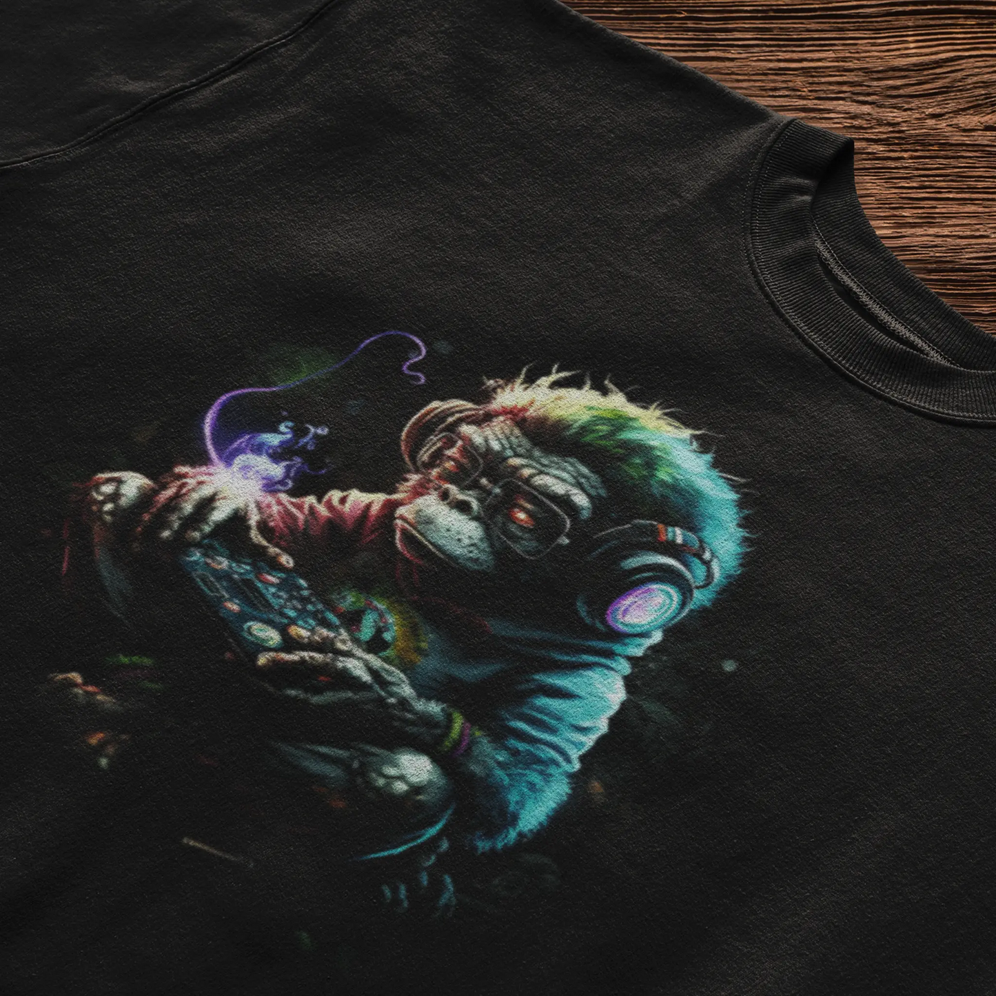 Black casual t-shirt with a detailed halftone gaming chimp print holding a controller. — Μαύρο καθημερινό t-shirt με λεπτομερές τύπωμα halftone ενός gamer πιθήκου που κρατάει τηλεχειριστήριο