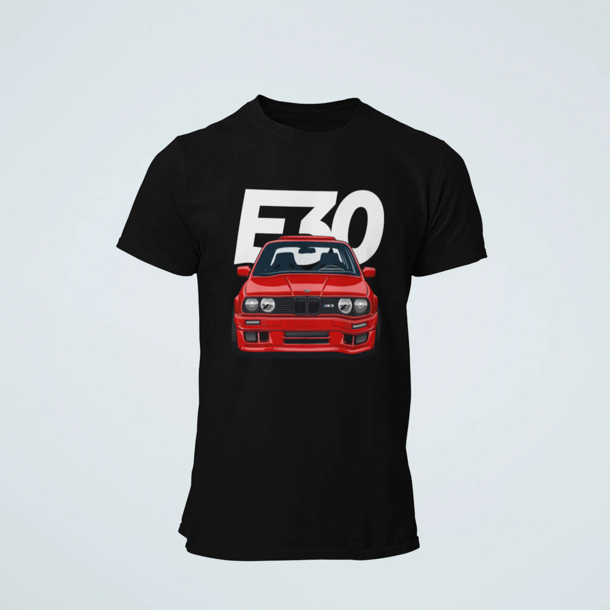 Black cotton top focusing on the high-quality automotive artwork of the E30 M3. — Μαύρο βαμβακερό μπλουζάκι με έμφαση στο υψηλής ποιότητας αυτοκινητικό σχέδιο της E30 M3