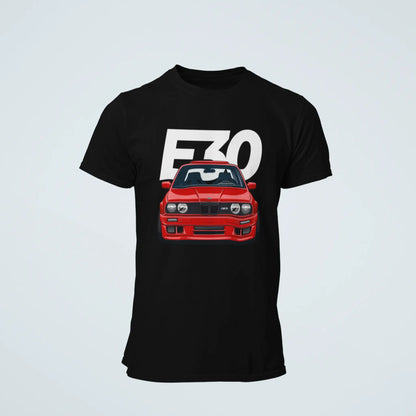 Black cotton top focusing on the high-quality automotive artwork of the E30 M3. — Μαύρο βαμβακερό μπλουζάκι με έμφαση στο υψηλής ποιότητας αυτοκινητικό σχέδιο της E30 M3