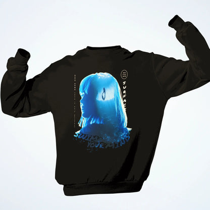 Black crewneck showcasing artistic freediving journey | Μαύρο φούτερ που απεικονίζει καλλιτεχνικό ταξίδι ελεύθερης κατάδυσης