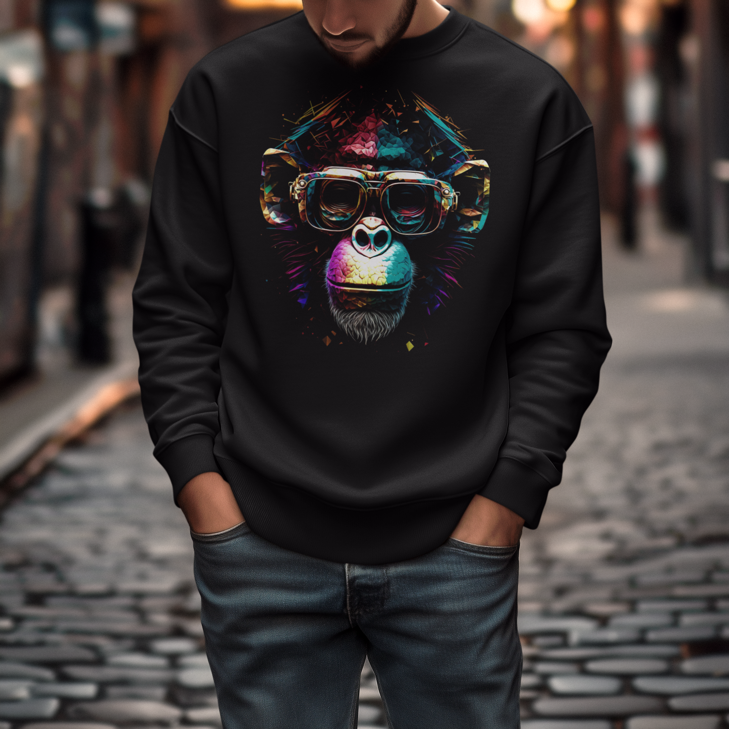 Black crewneck sweater displaying a bold monochrome pop art ape design. — Μαύρη μπλούζα φούτερ που εμφανίζει ένα έντονο μονόχρωμο pop art σχέδιο πιθήκου