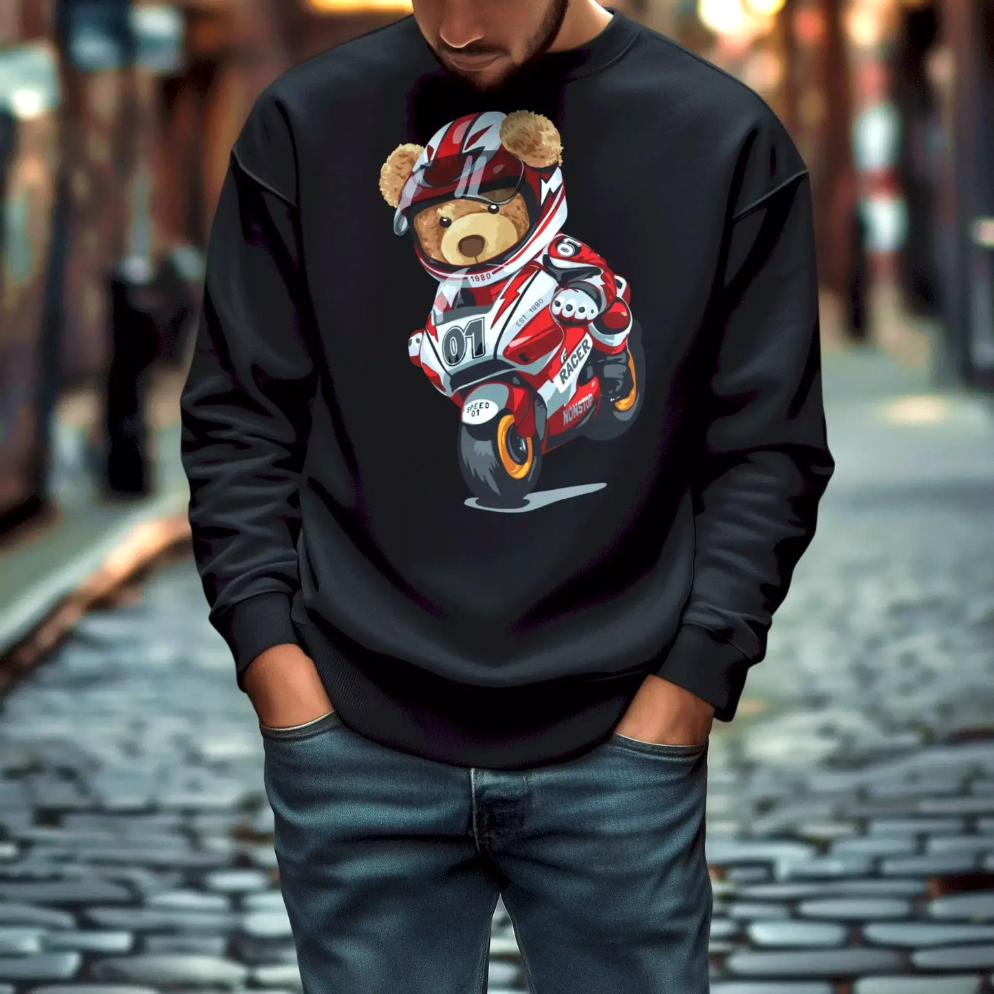Black crewneck sweatshirt with bold Racer Teddy print – Μαύρο φούτερ λαιμόκοψη με έντονο τύπωμα του Racer Teddy.